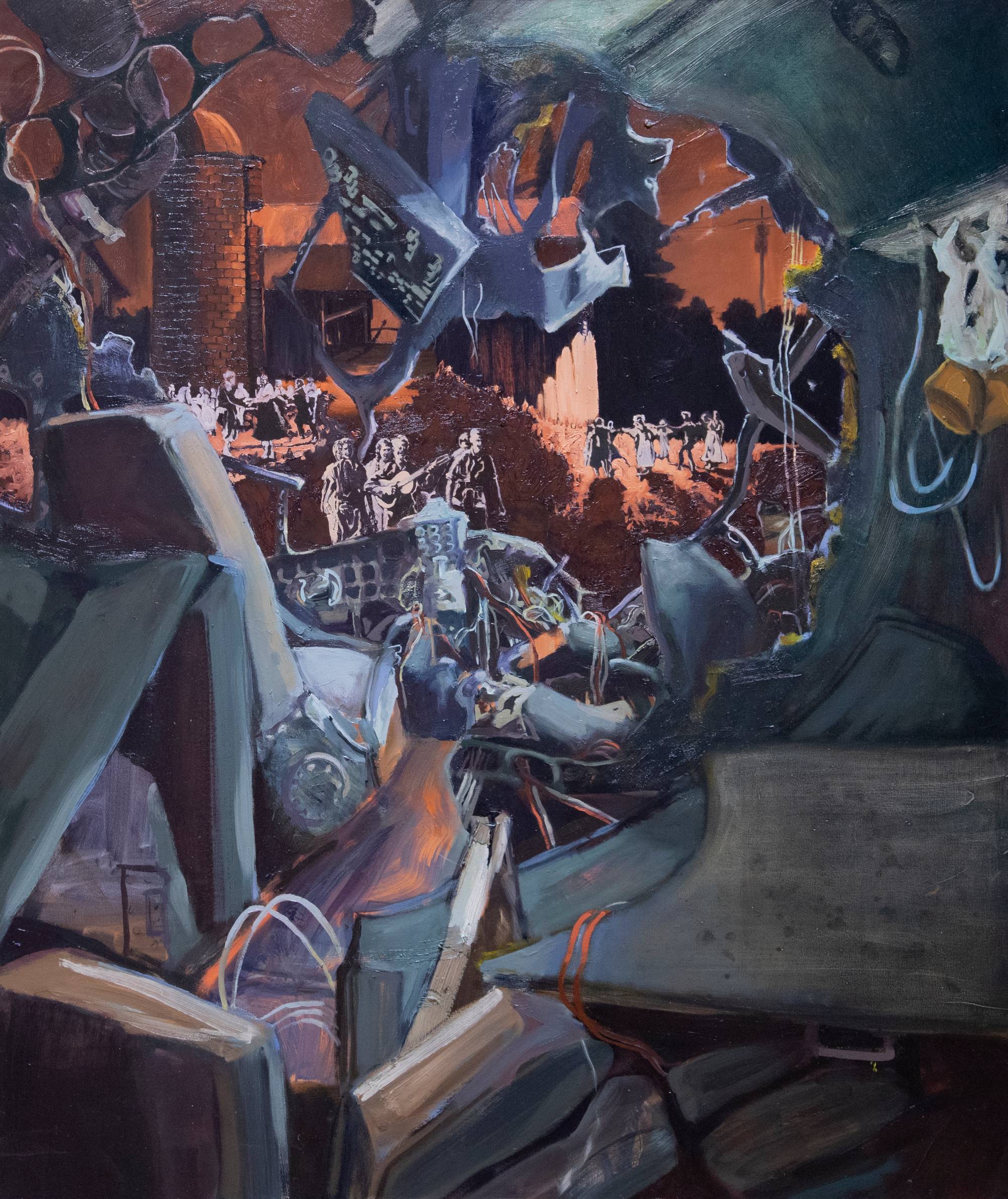 oil painting of people walking around farm framed by plane wreakage